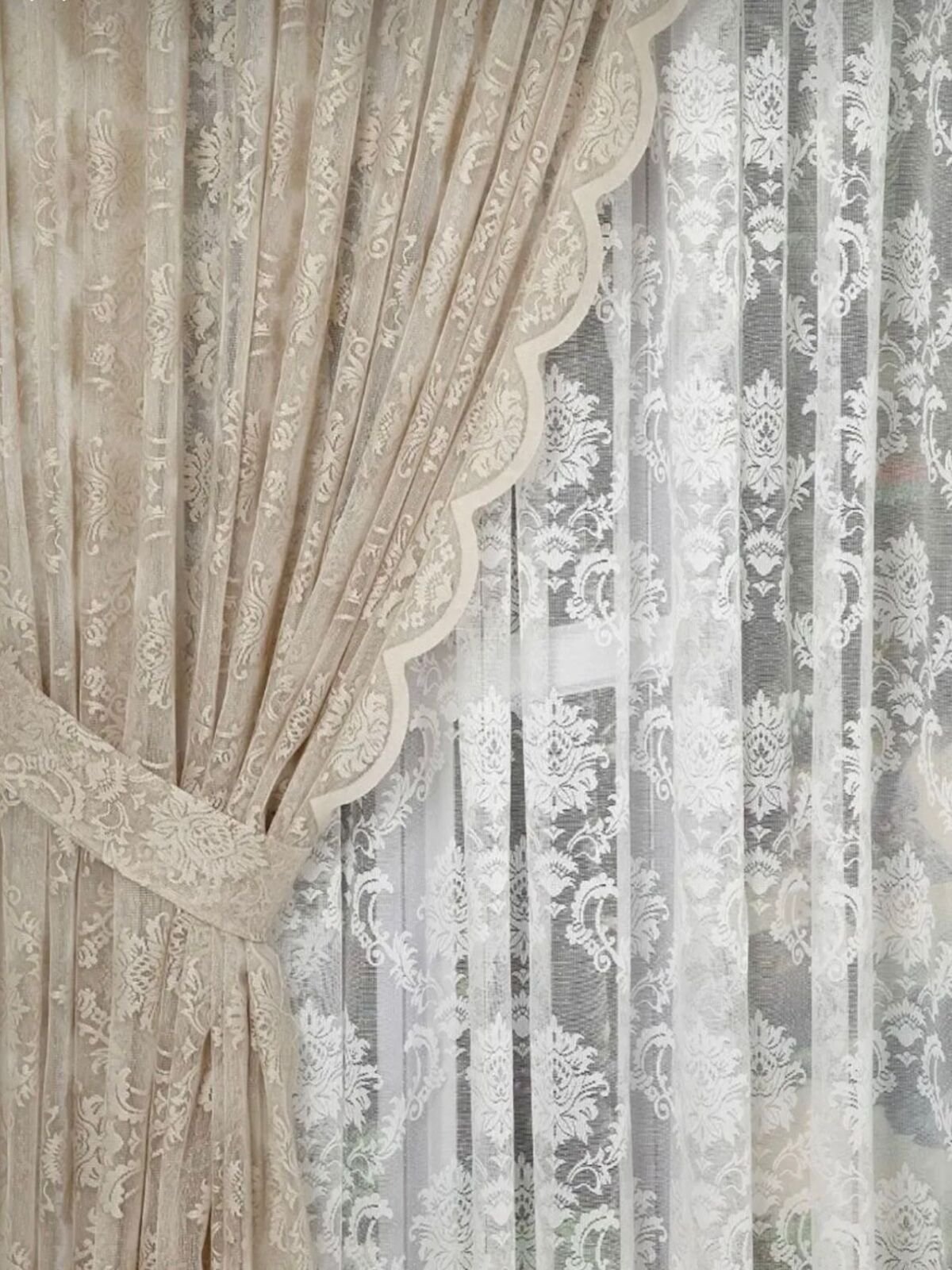 ac7f6fdf-2605-45c1-8860-0664be3eafe9 Damaks Desen Örme Vizon Renk Tül Fon - Görsel 1